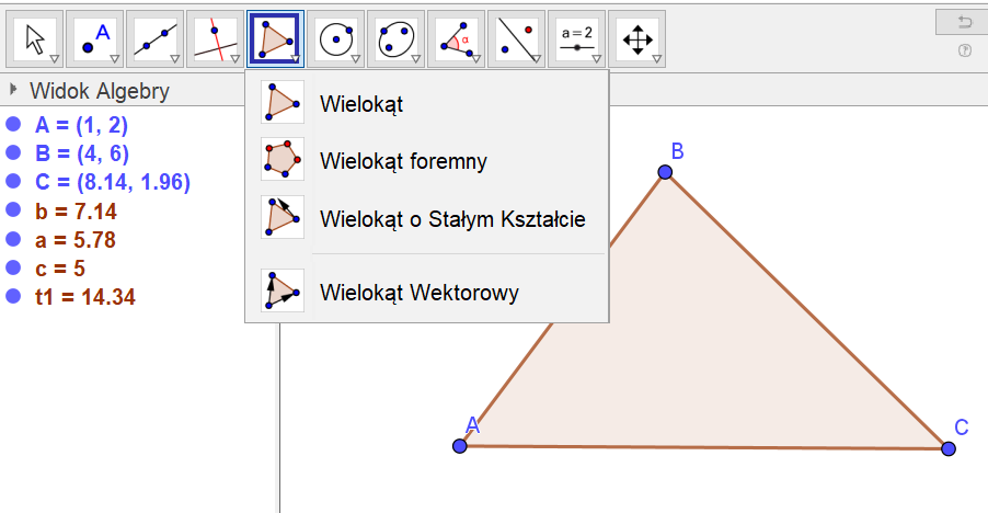 Rysunek trójkąta w programie Geogebra